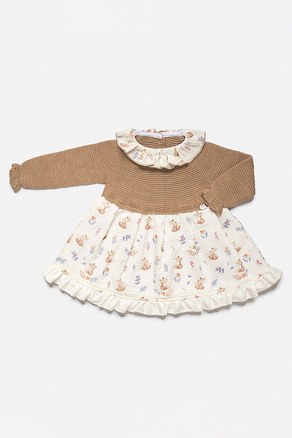 Juliana "Iris" Beige Knit Fox Dress | Millie and John