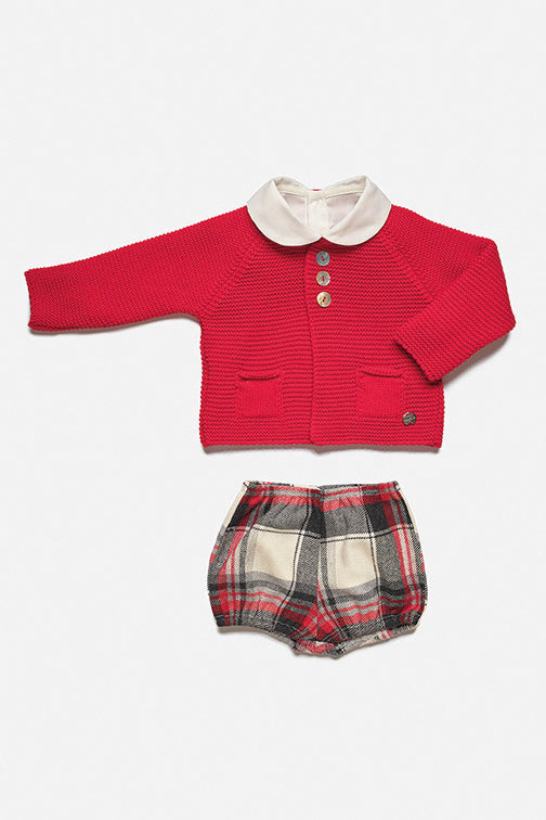 Juliana "Nash" Red Knit Cardigan, Shirt & Tartan Jam Pants | Millie and John