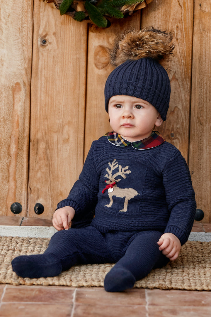 "Noah" Navy Tartan Knit Reindeer Top, Leggings & Hat