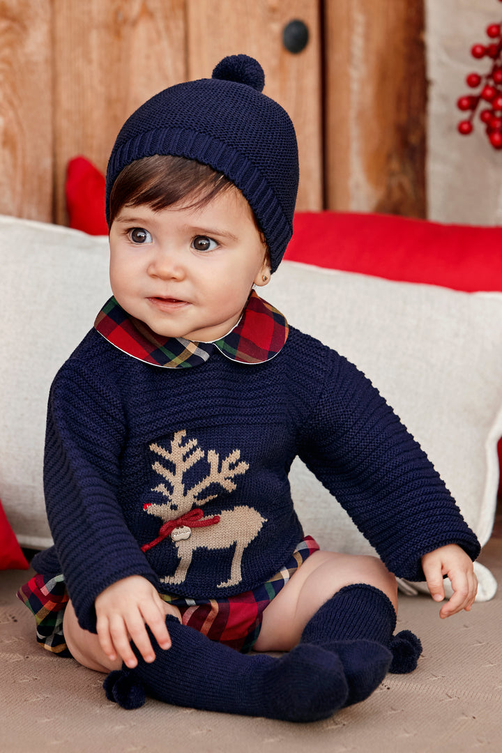 "Leo" Navy Knit Reindeer Top & Tartan Jam Pants