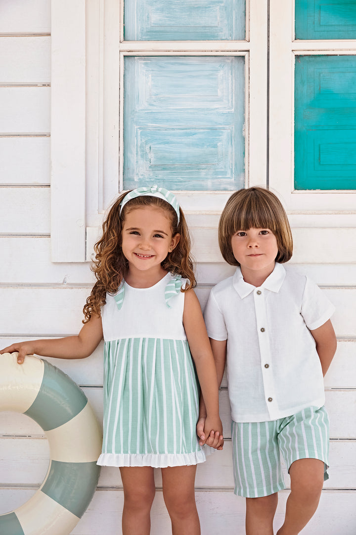 "Ada" White & Mint Striped Dress