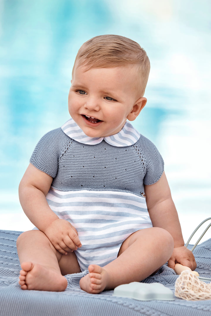 "Flynn" Sky Blue Half Knit Striped Romper