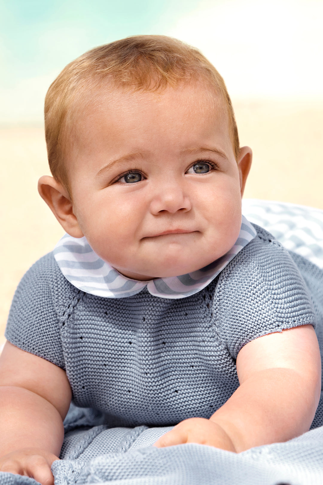 "Flynn" Sky Blue Half Knit Striped Romper