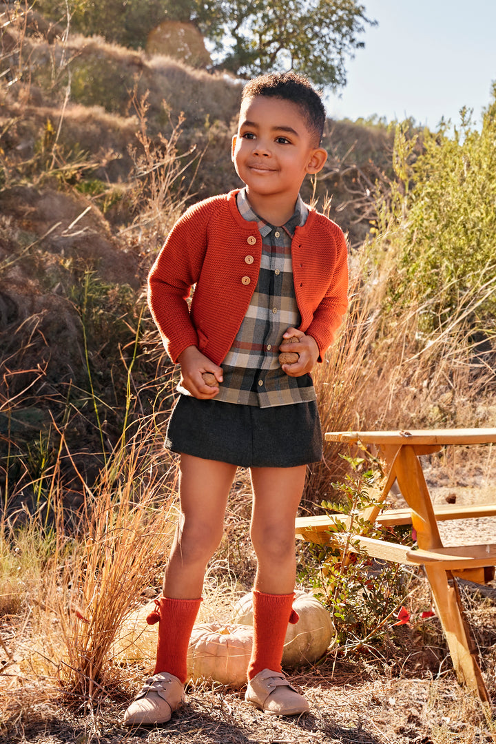 "Finlay" Rust Cardigan, Autumnal Tartan Shirt & Jam Pants