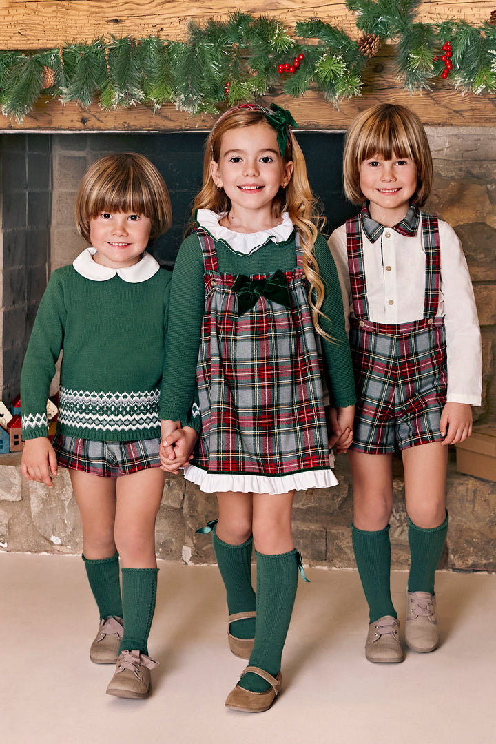 "Ava" Moss Green Knit Top & Tartan Pinafore Dress