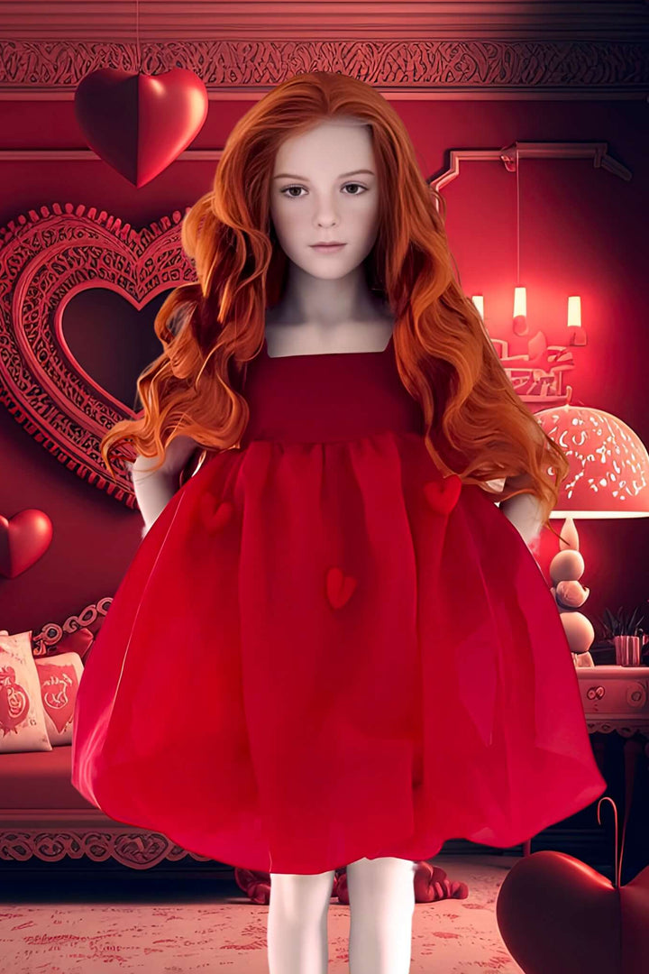 Red Satin Organza Heart Puffball Dress