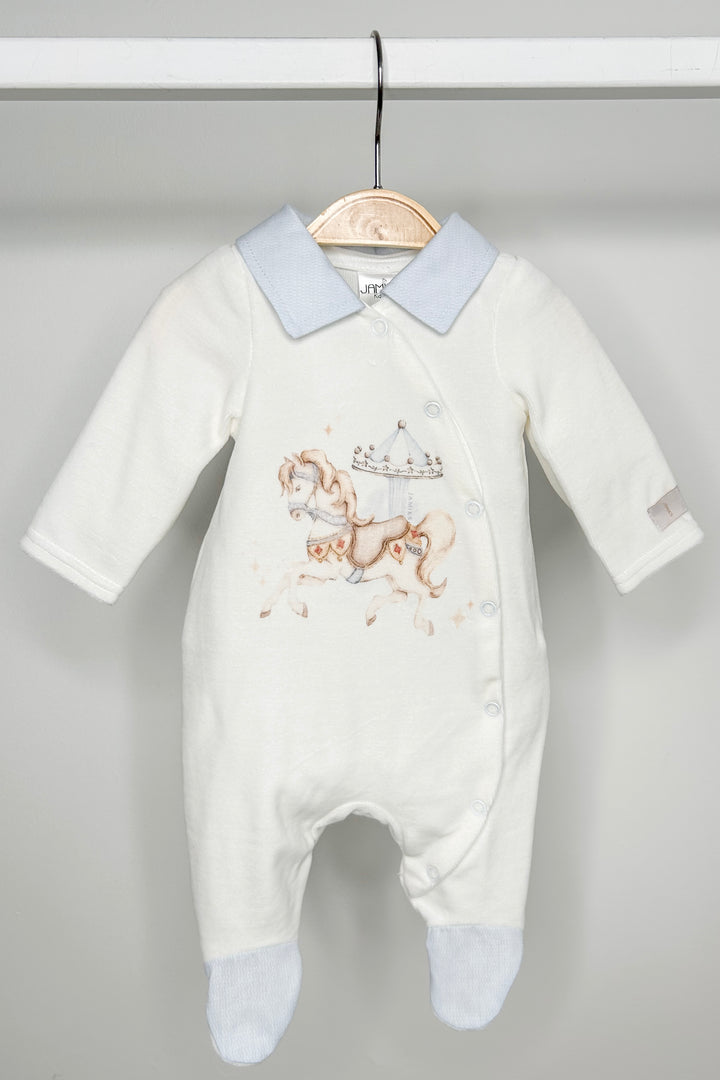 Ivory & Blue Velour Carousel Pony Sleepsuit