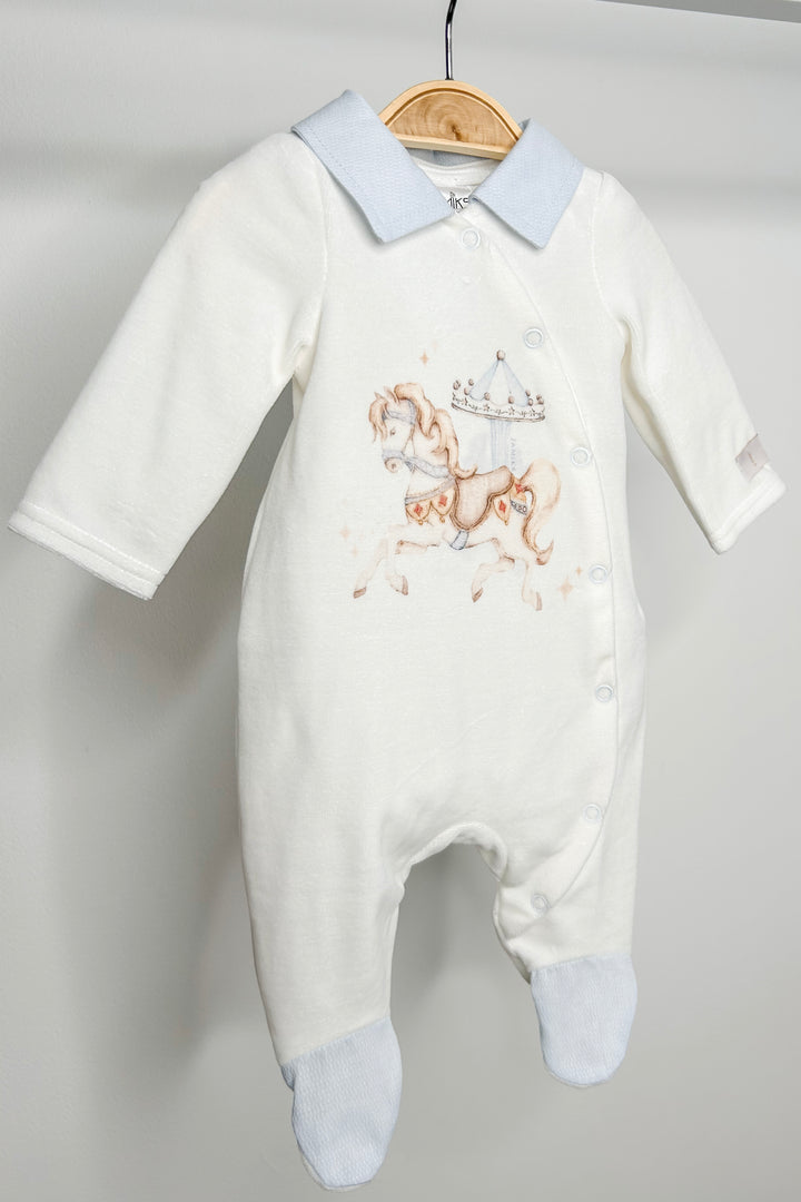 Ivory & Blue Velour Carousel Pony Sleepsuit