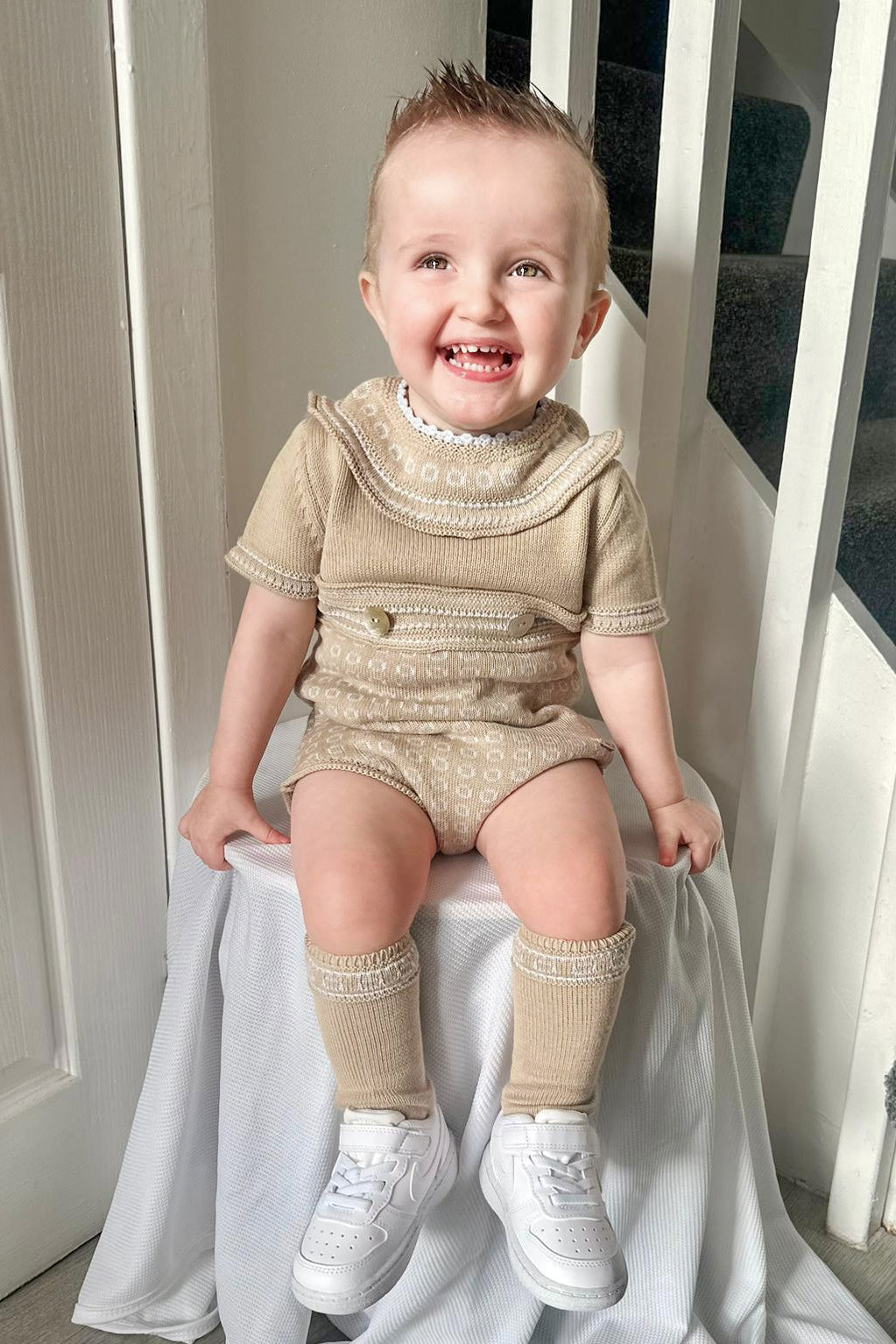 Rahigo "William" Camel & Baby Blue Knit Romper | Millie and John