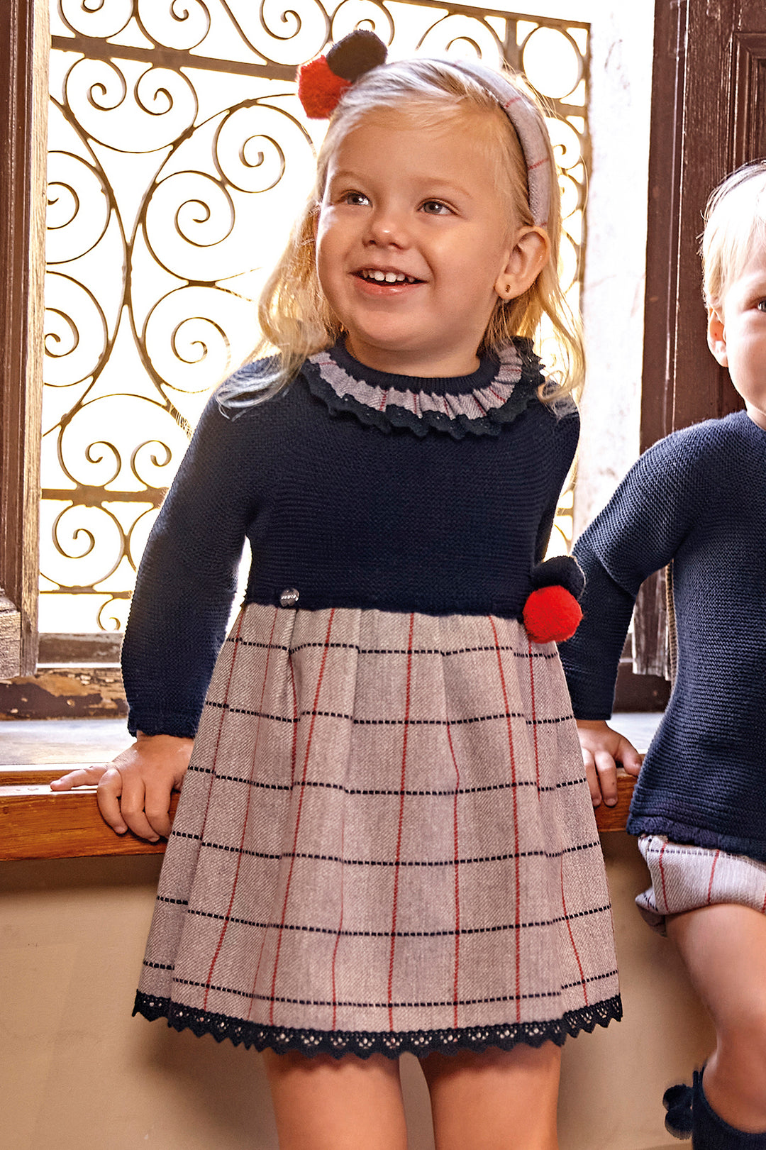 Juliana "Claudia" Navy & Grey Knit Checked Dress | Millie and John