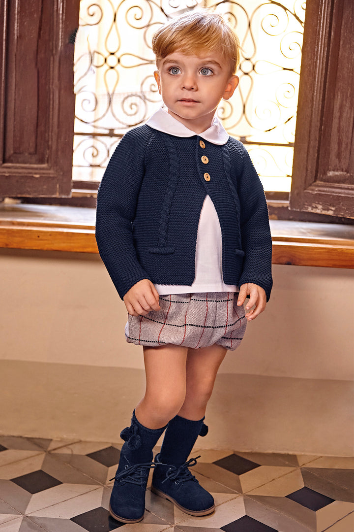 Juliana "Landon" Navy Cardigan, Shirt & Grey Check Jam Pants | Millie and John