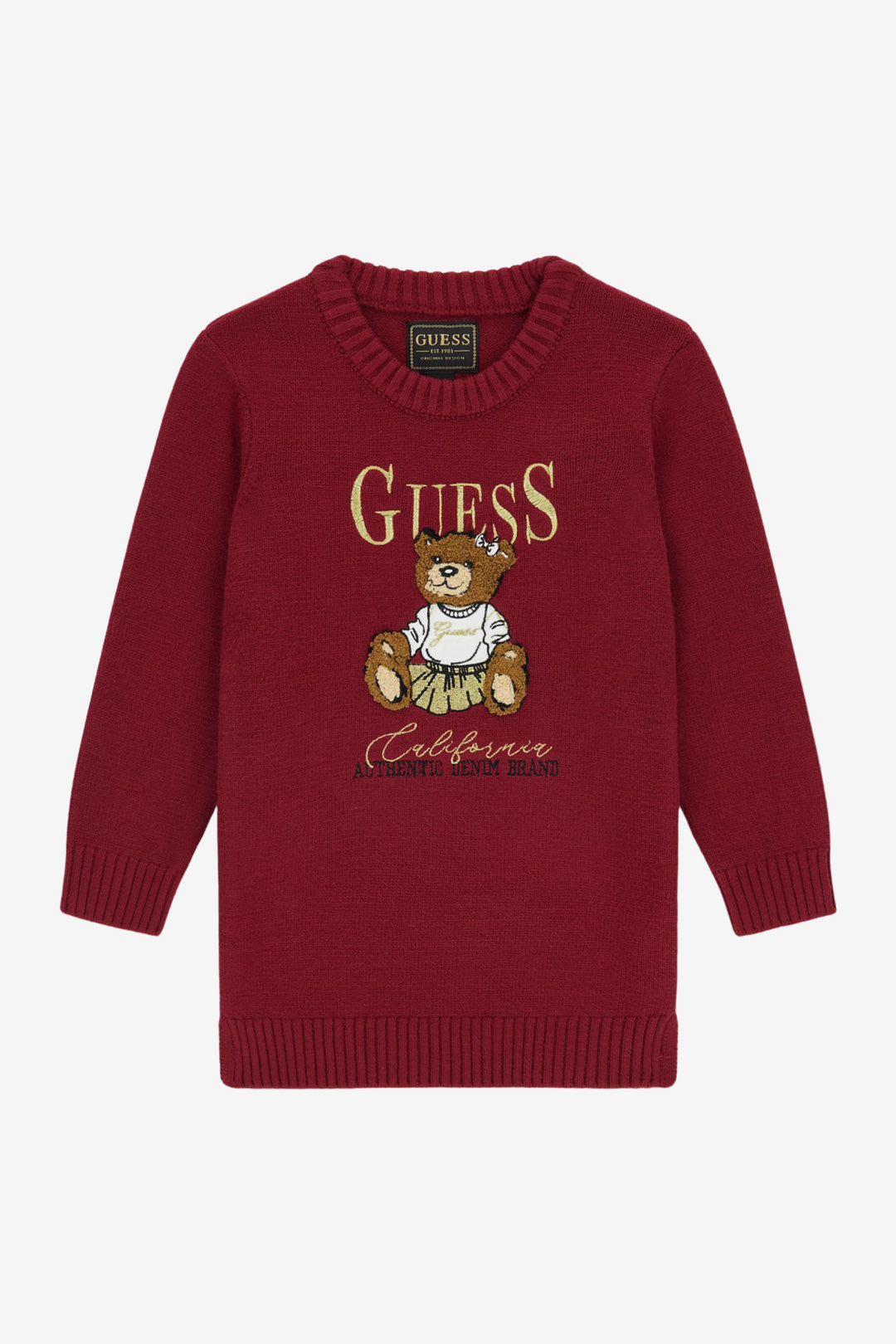 "Jemima" Burgundy & Gold Teddy Bear Knit Jumper Dress
