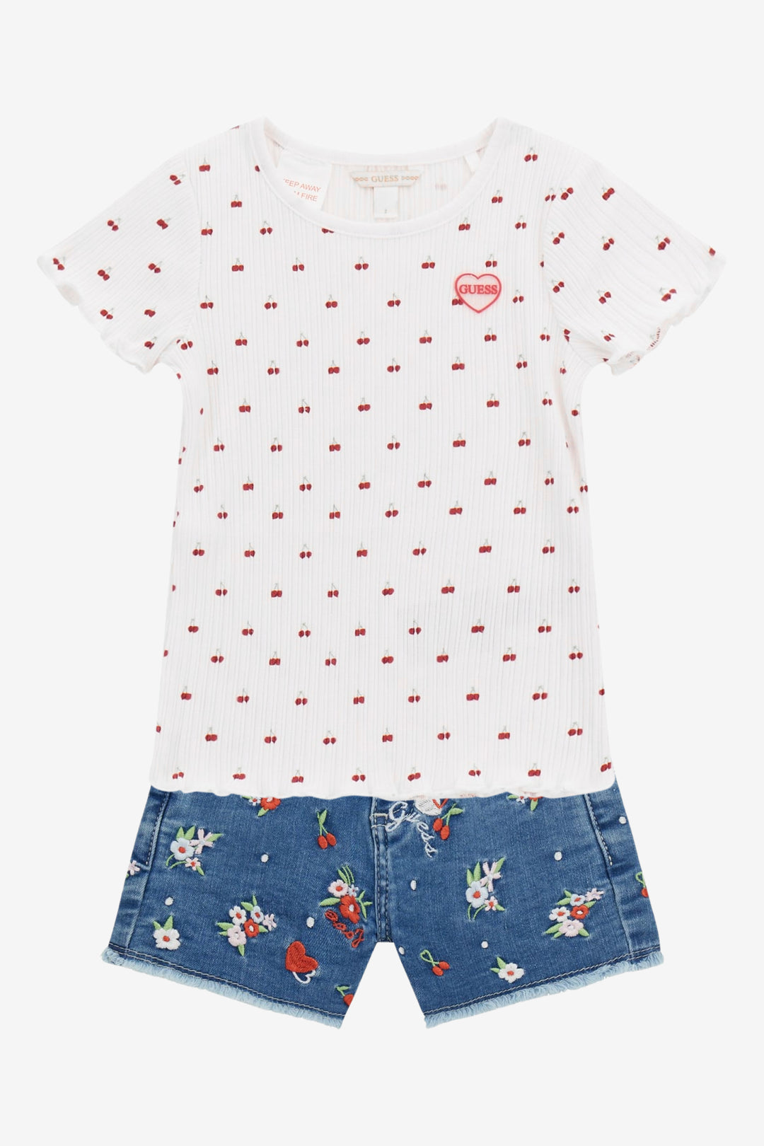 "Romy" White Ribbed Cherry Top & Embroidered Denim Shorts