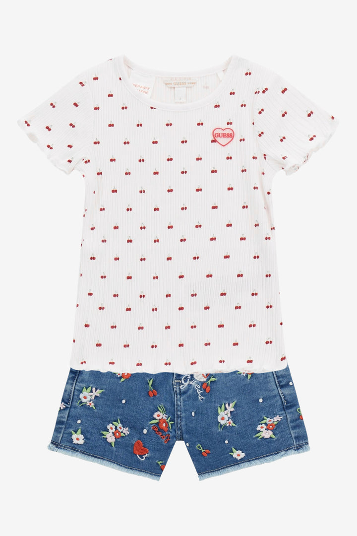"Romy" White Ribbed Cherry Top & Embroidered Denim Shorts