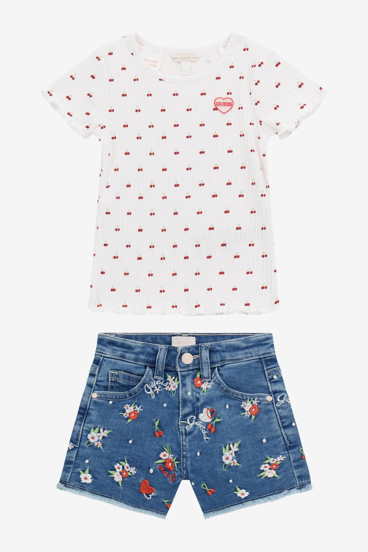 "Romy" White Ribbed Cherry Top & Embroidered Denim Shorts