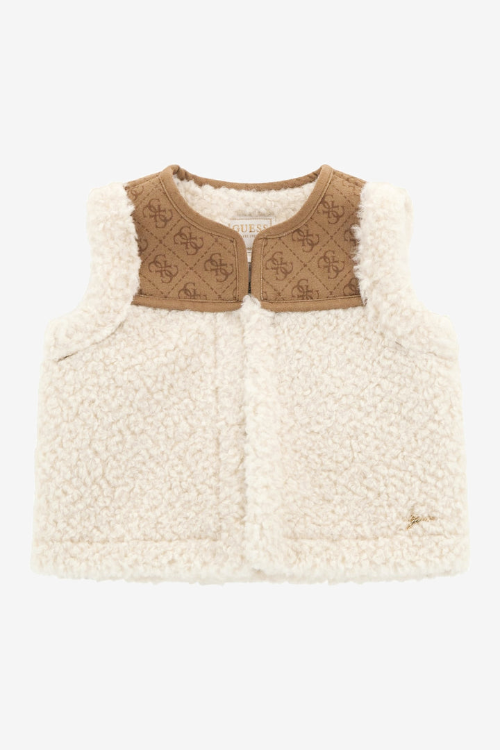 "Niamh" Beige Faux Suede Monogram Sherpa Gilet