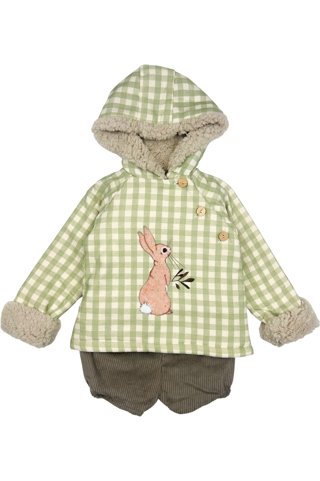 Valentina Bebes "Benedict" Sage Green Gingham Bunny Hoodie & Shorts | Millie and John