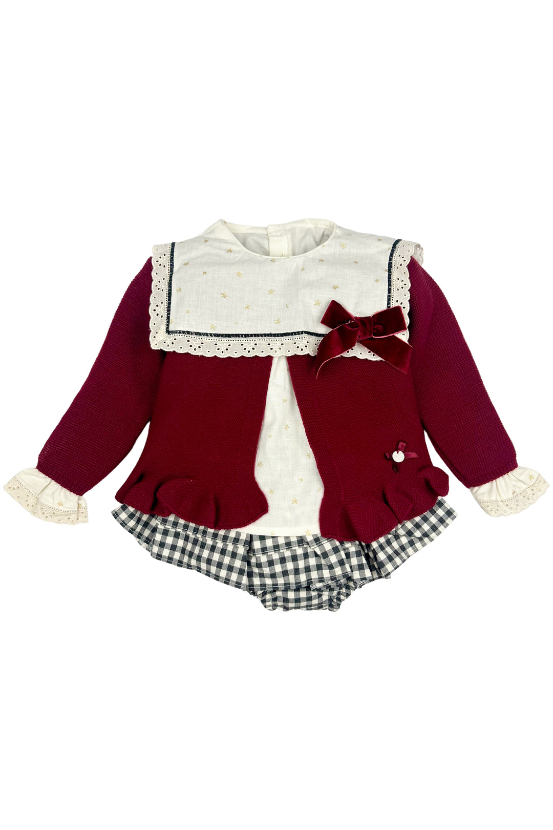 Valentina Bebes "Vera" Burgundy Cardigan, Blouse & Gingham Skirt | Millie and John