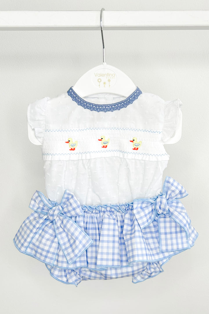 "Emmie" Smocked Duck Top & Blue Gingham Skirt Bloomers