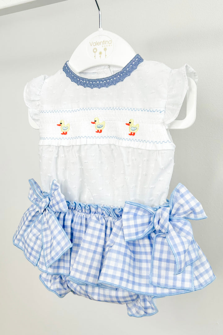 "Emmie" Smocked Duck Top & Blue Gingham Skirt Bloomers