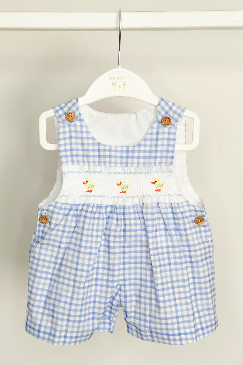 Valentina Bebés "Sammie" Blue Gingham Smocked Duck Dungarees | Millie and John
