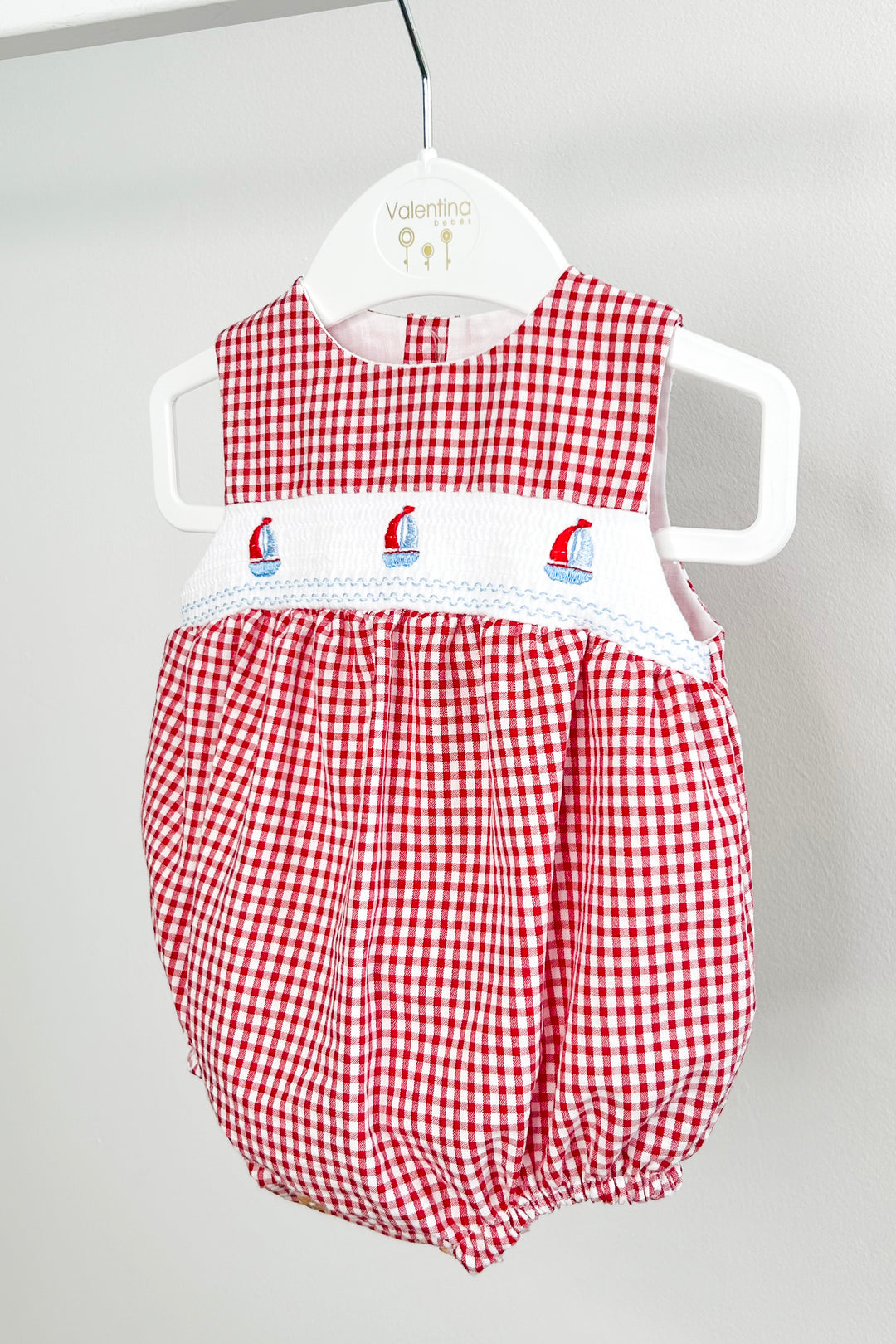 "Skipper" Red Gingham Smocked Sailboat Romper