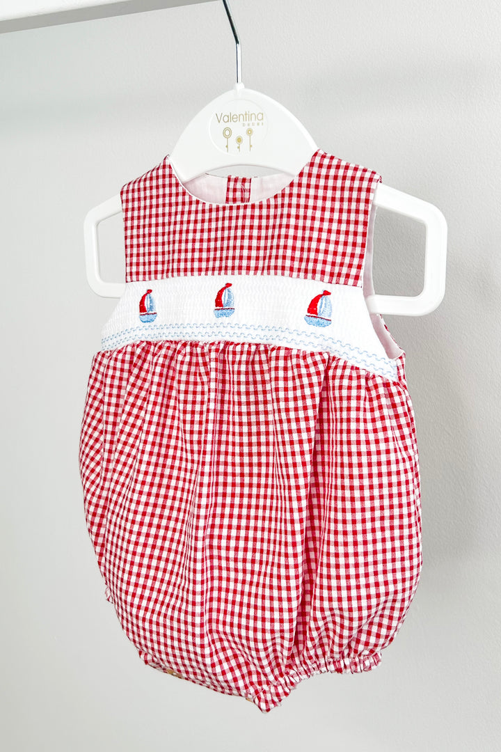 "Skipper" Red Gingham Smocked Sailboat Romper
