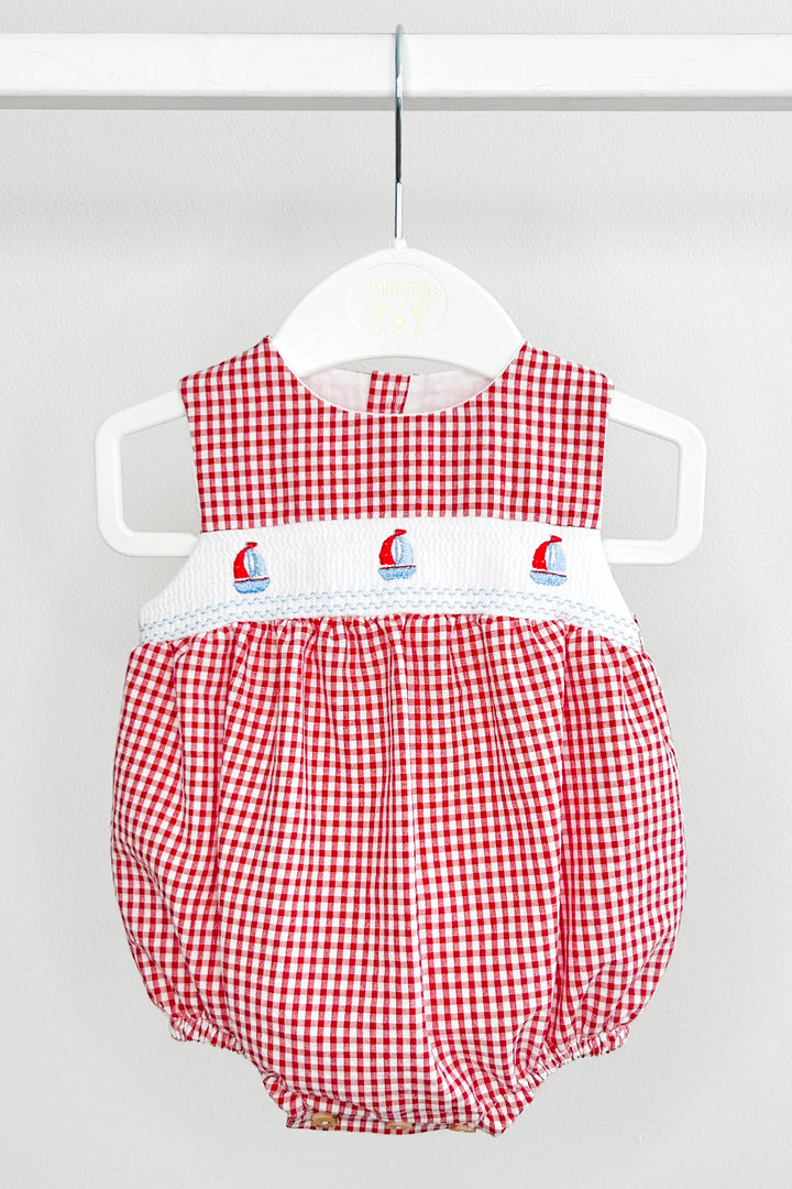 "Skipper" Red Gingham Smocked Sailboat Romper