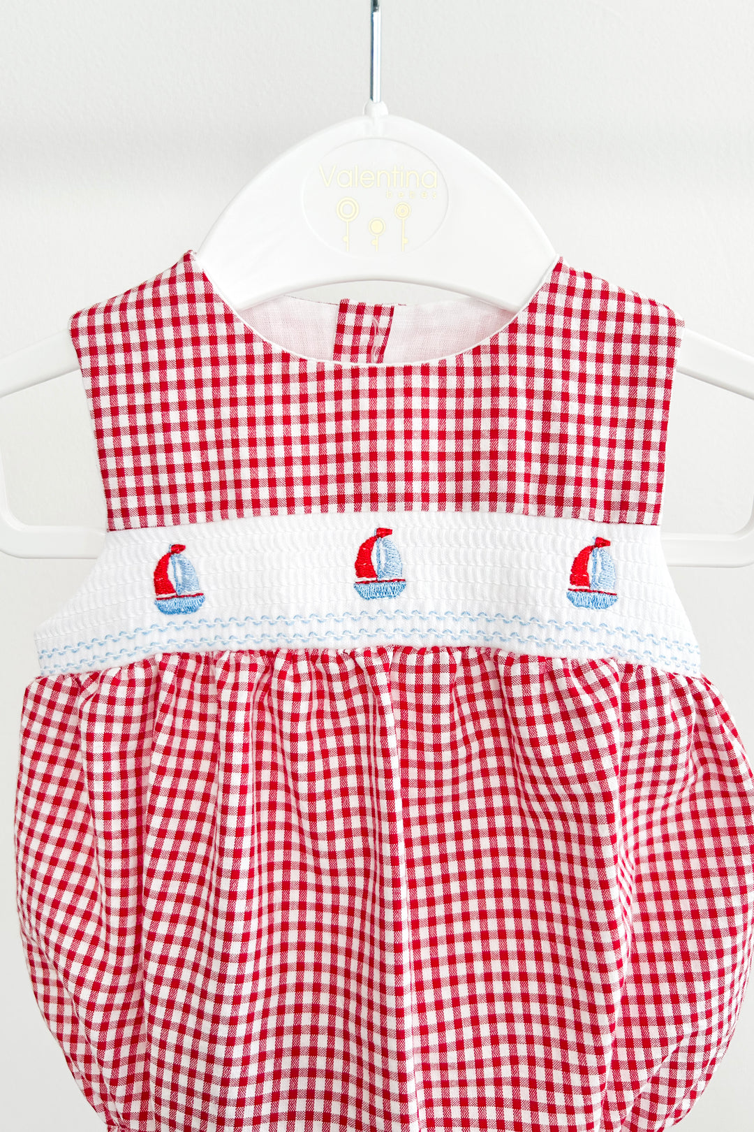 "Skipper" Red Gingham Smocked Sailboat Romper