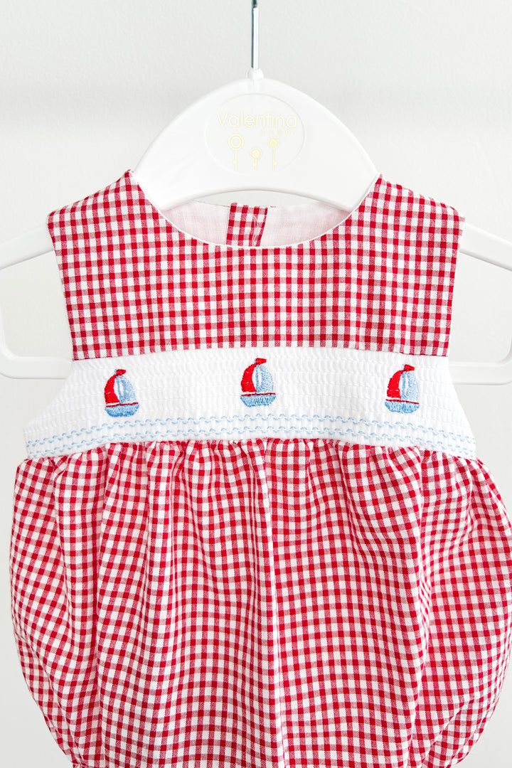 "Skipper" Red Gingham Smocked Sailboat Romper