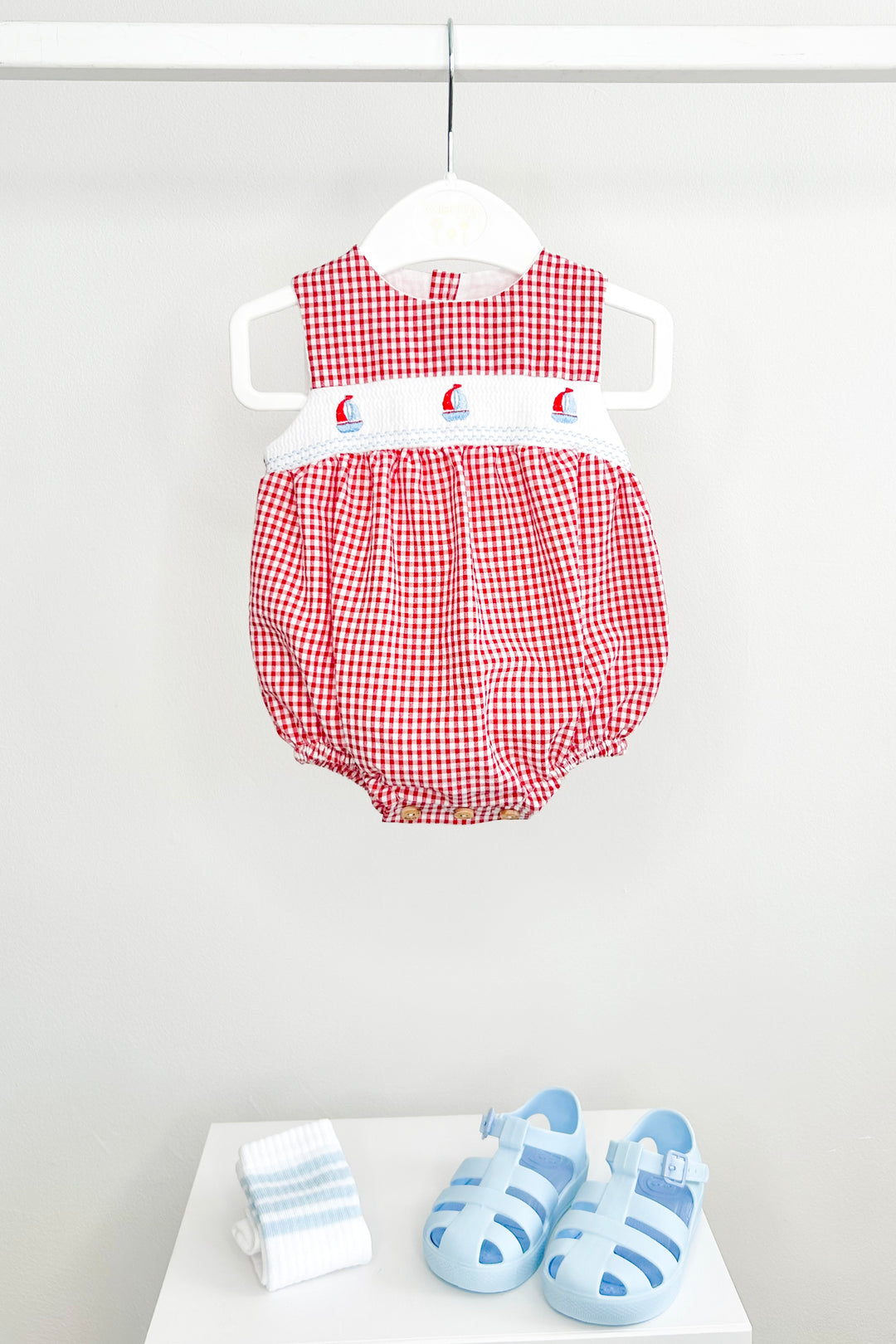 "Skipper" Red Gingham Smocked Sailboat Romper