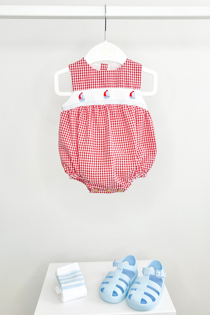 "Skipper" Red Gingham Smocked Sailboat Romper