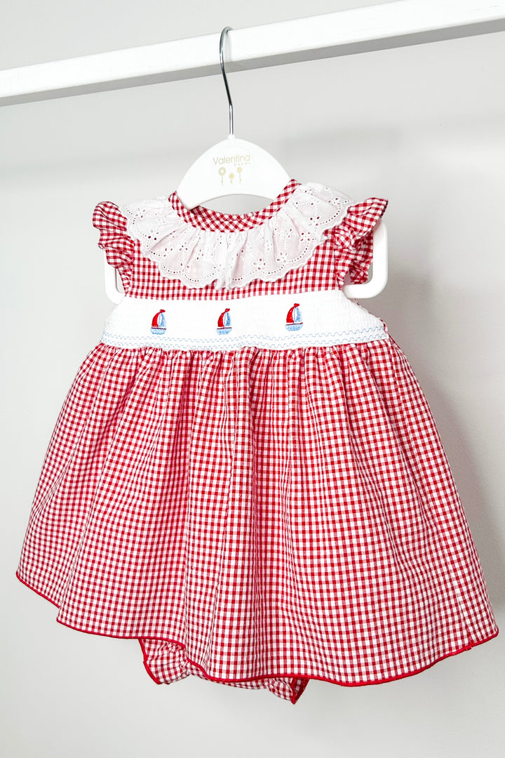 "Bonnie" Red Gingham Smocked Sailboat Dress & Bloomers