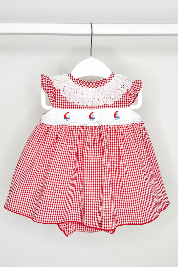 "Bonnie" Red Gingham Smocked Sailboat Dress & Bloomers