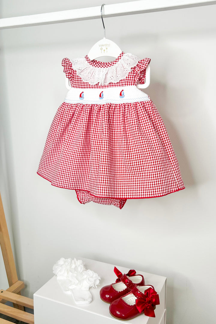 "Bonnie" Red Gingham Smocked Sailboat Dress & Bloomers