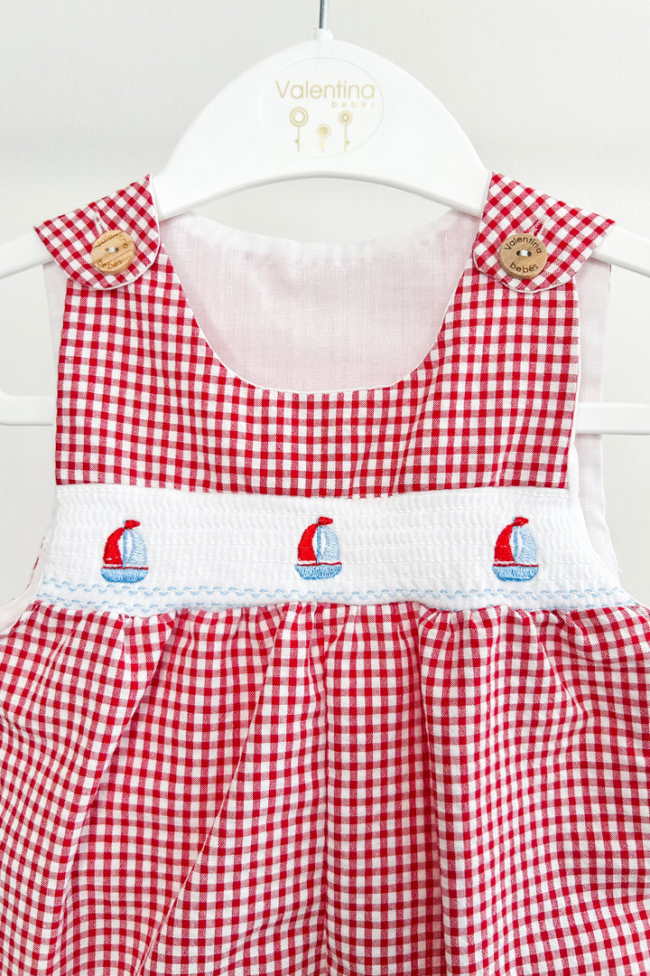 "Monty" Red Gingham Smocked Sailboat Dungarees