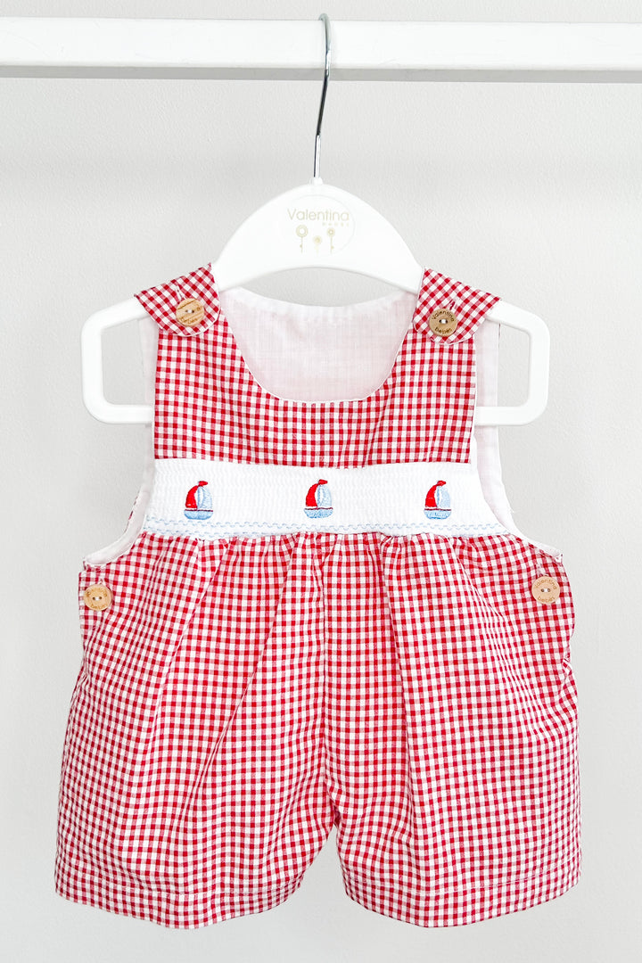 "Monty" Red Gingham Smocked Sailboat Dungarees