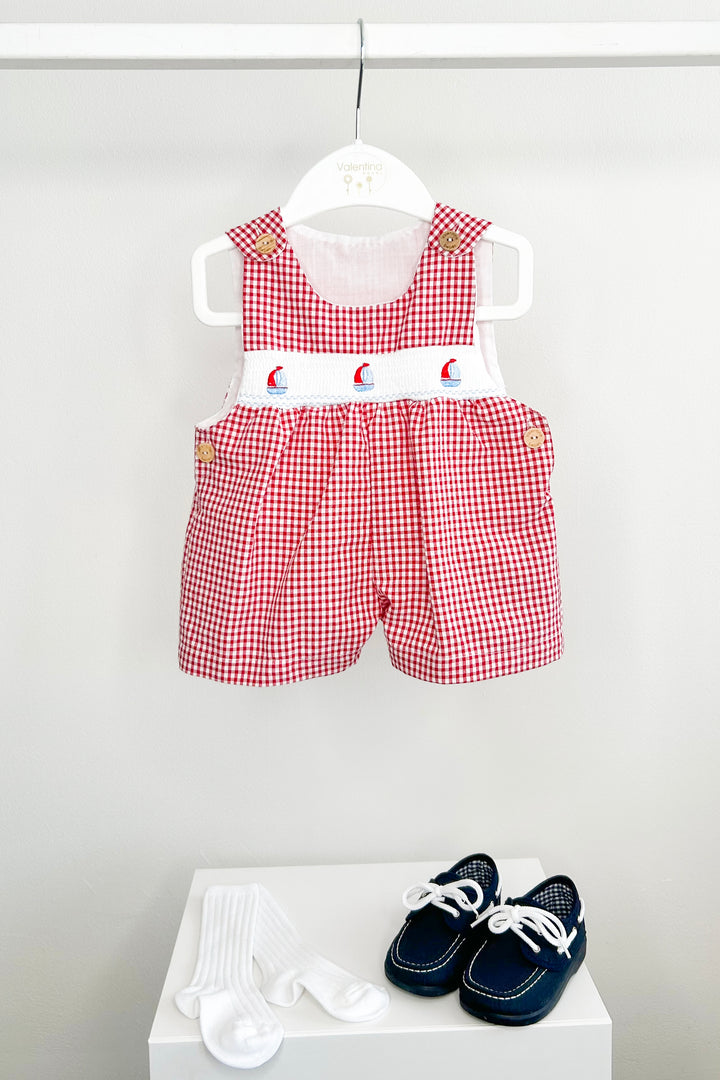 "Monty" Red Gingham Smocked Sailboat Dungarees