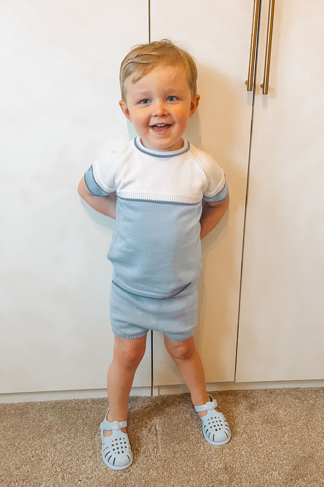 Granlei "Theo" Powder Blue, White & Dusky Blue Knit Top & Shorts | Millie and John