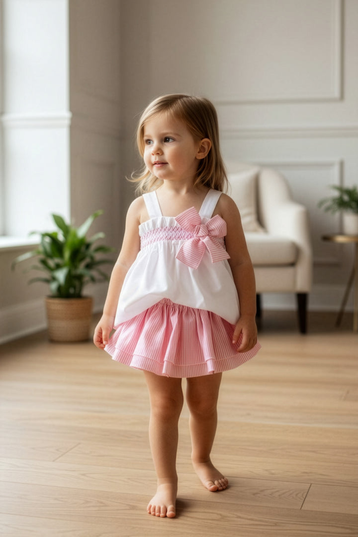 "Lila" White & Pink Striped Smocked Blouse & Skort