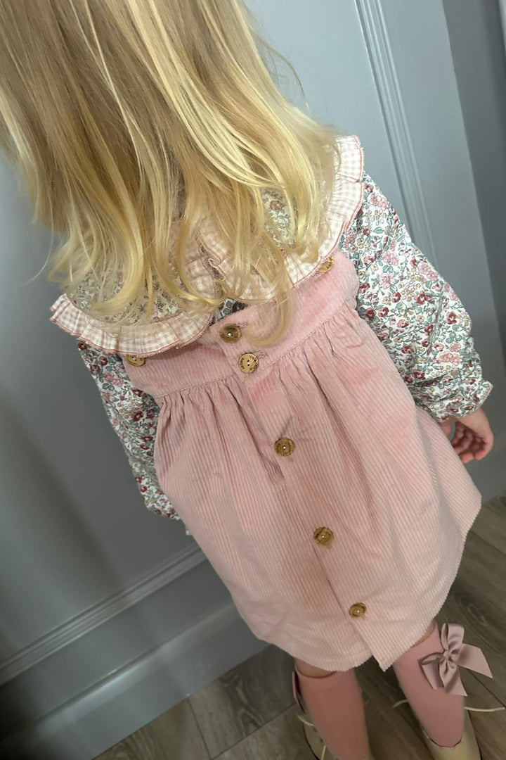 "Evie" Dusky Pink Floral Blouse & Cord Pinafore Dress