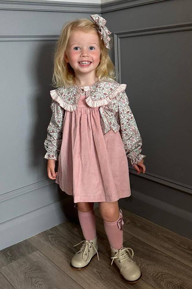 "Evie" Dusky Pink Floral Blouse & Cord Pinafore Dress