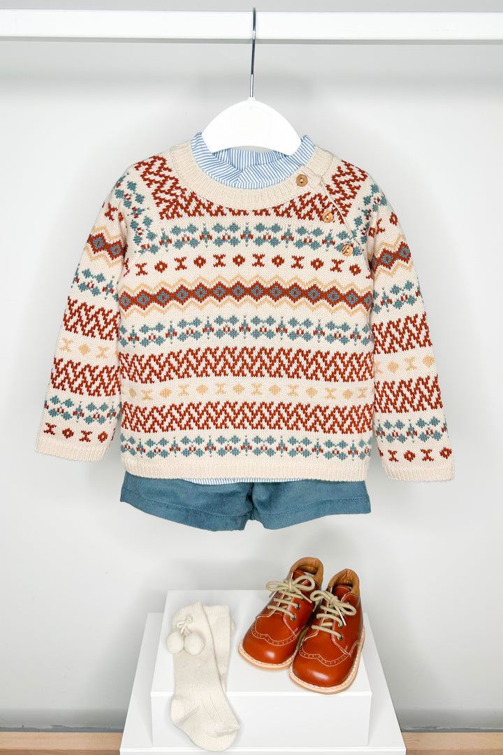 "Roux" Multicoloured Patterned Jumper, Shirt & Shorts