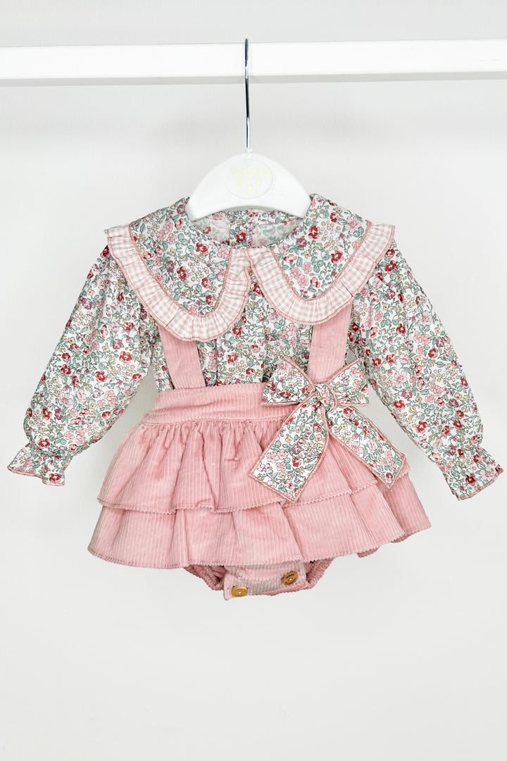 "Rose" Dusky Pink Floral Blouse & Cord Pinafore Skirt