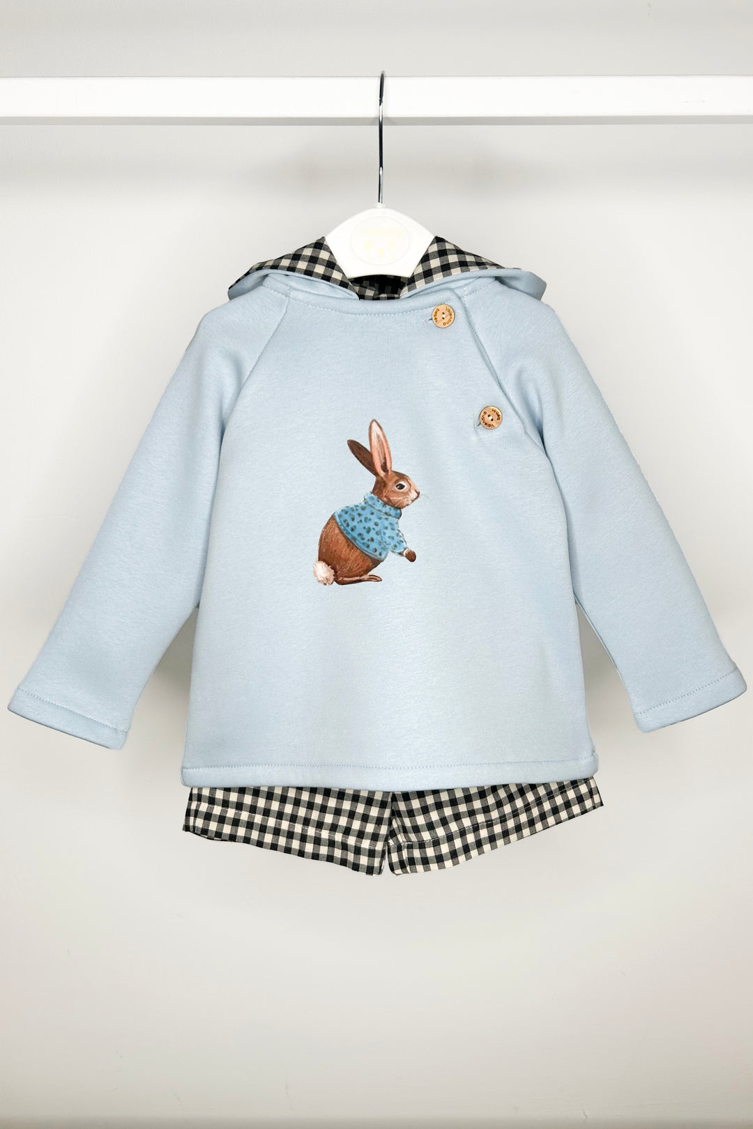 "Nash" Light Blue Bunny Hoodie & Black Gingham Shorts