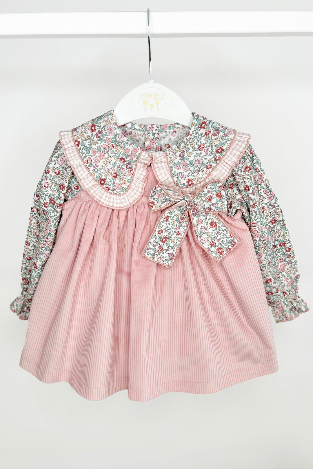 "Evie" Dusky Pink Floral Blouse & Cord Pinafore Dress