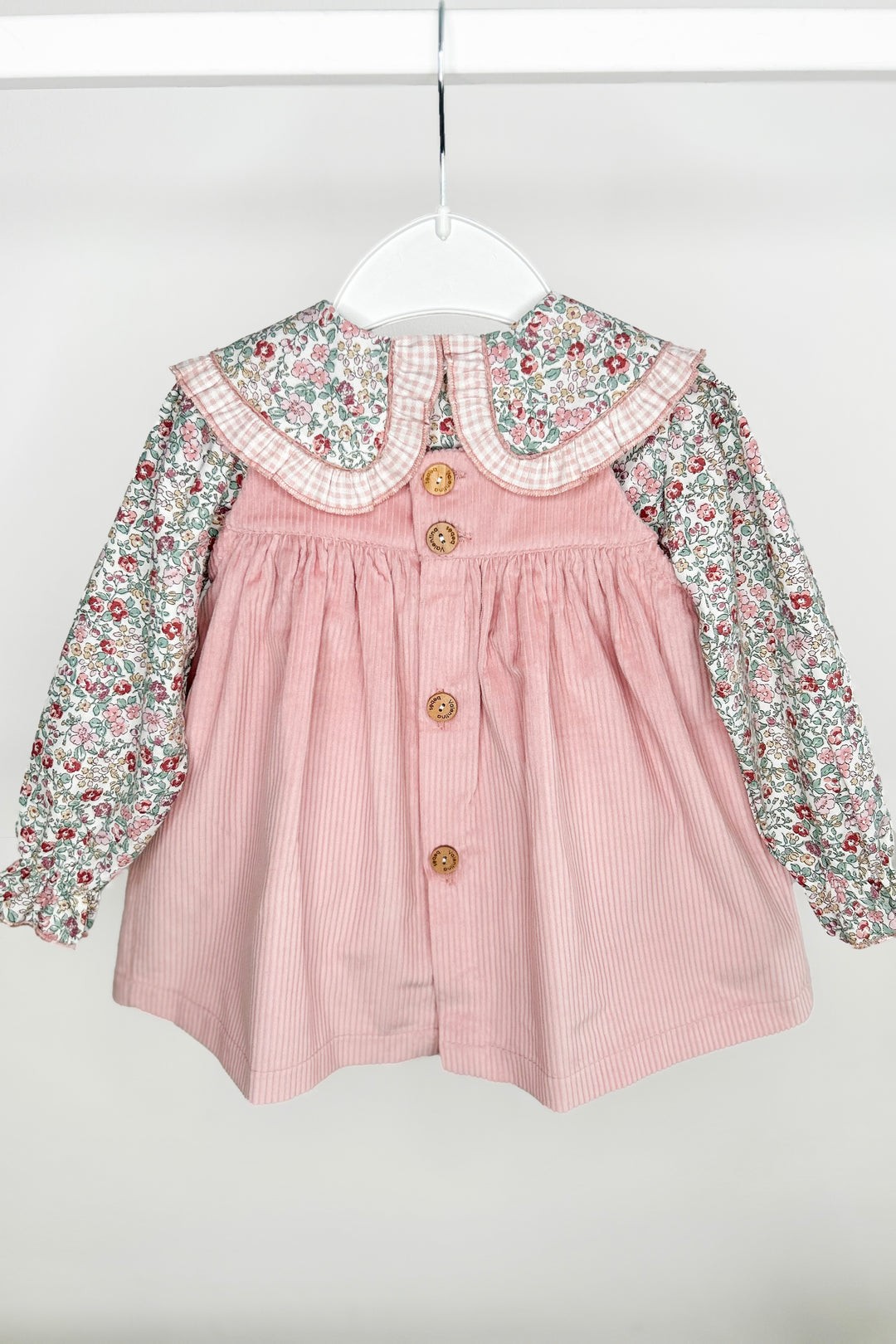 "Evie" Dusky Pink Floral Blouse & Cord Pinafore Dress