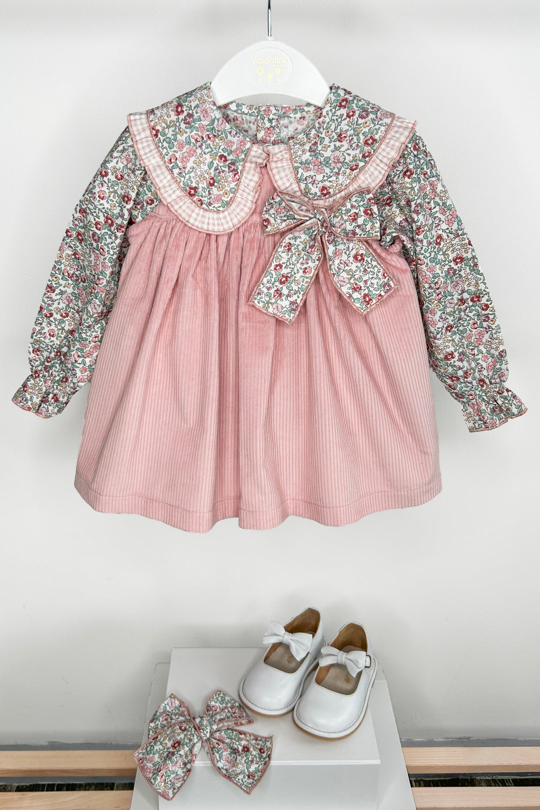 "Evie" Dusky Pink Floral Blouse & Cord Pinafore Dress