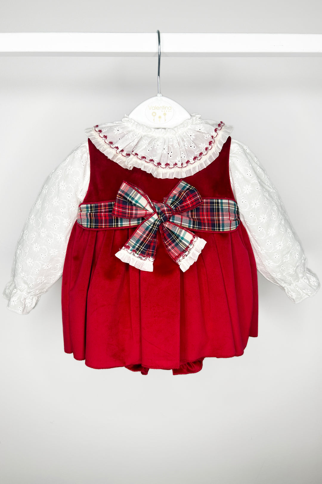 "Katie" Broderie Anglaise Blouse & Red Velvet Pinafore Dress Set