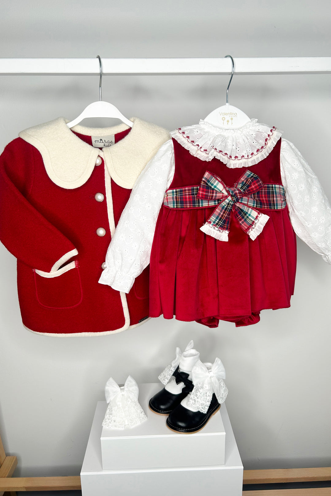 "Katie" Broderie Anglaise Blouse & Red Velvet Pinafore Dress Set